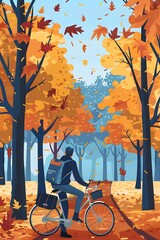 Sticker - Man Riding Bike Through Autumn Forest