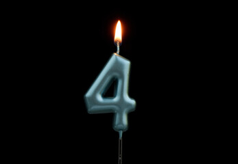 Wall Mural - Burning blue birthday candle isolated on black background, number 4	