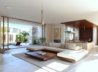 Sticker - Modern Minimalist Living Room Interior Design with Large Windows and Patio View