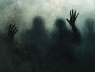 shadows subtly shifting in the dark, suggesting the presence of invisible spirits, ghosts, unseen an