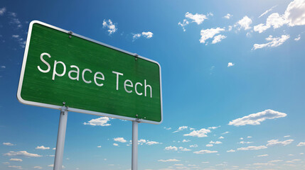Aufkleber - Vibrant green road sign against a blue sky with fluffy clouds, proudly displaying space tech, exuding innovation and progress, guiding viewers toward success in the world of technology