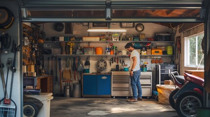 Wall Mural - couple tidying up their garage, organizing tools