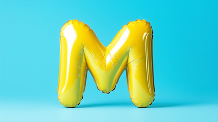 Bright yellow foil letter M balloon on a blue background