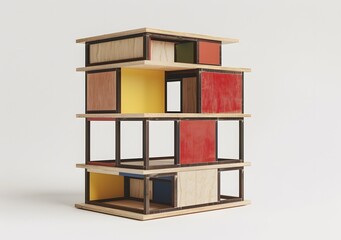 Abstract Minimalist Wooden Model Building with Colored Panels