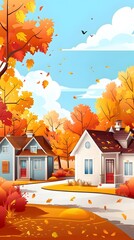 Sticker - Autumn Landscape with Houses and Trees