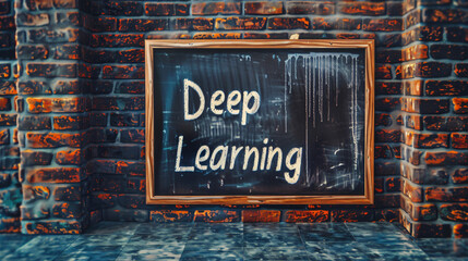 Wall Mural - Blackboard with deep learning on a brick wall in a classroom, symbolizing technology and education.  Data, algorithms, neural networks