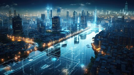 Wall Mural - A glowing AI-powered digital twin of a city, symbolizing urban planning and management through simulation