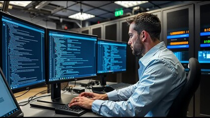 Programmer working on code in a server room.