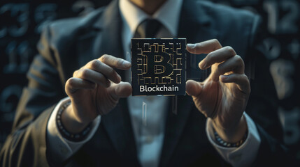 Leinwandbilder - Businessman holds a virtual blockchain chip adorned with the bitcoin symbol