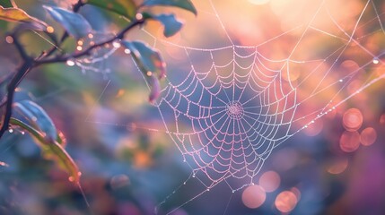 macro of a dew-covered spider web glistening