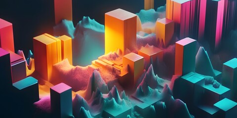 Poster - Abstract 3D Rendered Cityscape with Geometric Shapes and Neon Lights