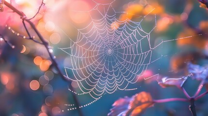 macro of a dew-covered spider web glistening