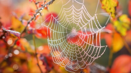macro of a dew-covered spider web glistening