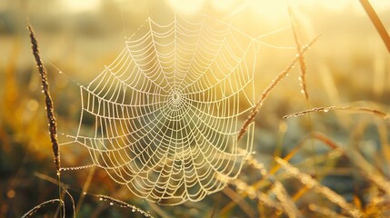 macro of a dew-covered spider web glistening