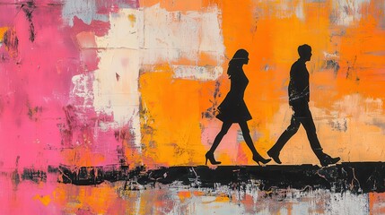 Abstract oil painting of silhouette man and woman walking, urban street art