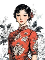 Wall Mural - Beautiful Woman in Traditional Chinese Dress Illustration