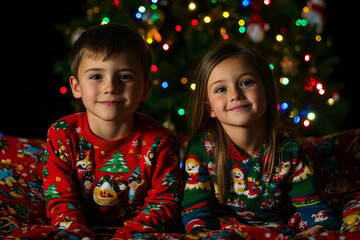 Siblings stand together, smiling warmly in front of a Christmas tree. Both wear cozy sweaters, surrounded by twinkling lights and ornaments, capturing a festive family moment.