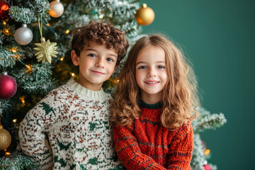 Wall Mural - Siblings stand together, smiling warmly in front of a Christmas tree. Both wear cozy sweaters, surrounded by twinkling lights and ornaments, capturing a festive family moment.