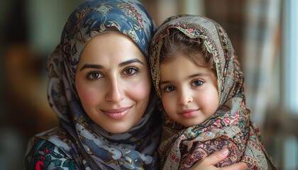 Poster - Arabic deaf mute mother and daughter using sign language indoor 