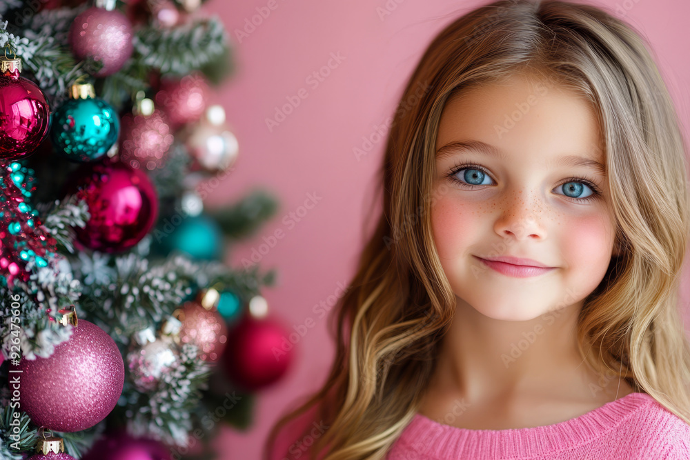 Little girl stands against the backdrop of decorated Christmas tree. happy girl stands at Christmas tree decorated with bright decorations during holiday season, smiling sweetly,