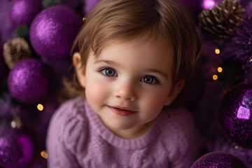 Wall Mural - Little girl stands against the backdrop of decorated Christmas tree. happy girl stands at Christmas tree decorated with bright decorations during holiday season, smiling sweetly,