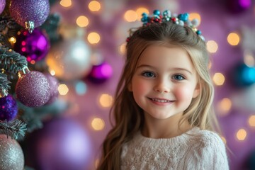 Wall Mural - Little girl stands against the backdrop of decorated Christmas tree. happy girl stands at Christmas tree decorated with bright decorations during holiday season, smiling sweetly,