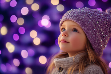 Wall Mural - Little girl stands against the backdrop of decorated Christmas tree. happy girl stands at Christmas tree decorated with bright decorations during holiday season, smiling sweetly,