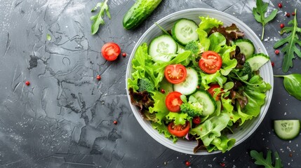 Wall Mural - A fresh salad bowl with mixed greens, tomatoes, and cucumbers, promoting healthy eating habits.