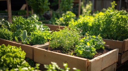 Wall Mural - A Close-Up View of Lush Greens in a Wooden Raised Garden Bed