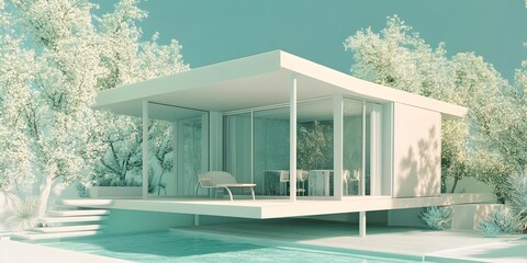 Wall Mural - Modern Minimalist House with Swimming Pool and Trees