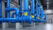 © Kanin - A mechanical room with blue pipes feeding into heavy-duty compressors, with warning labels and control valves, photo-realistic, functional industrial environment