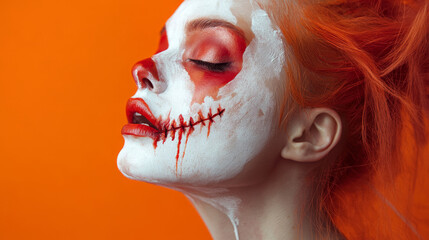 Wall Mural - Side profile of a woman with clown-inspired makeup on an orange background. Perfect for Halloween themes, artistic portraits, and horror designs.