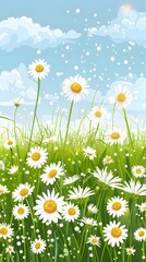 Wall Mural - White Daisies In A Green Field With Blue Sky And Clouds