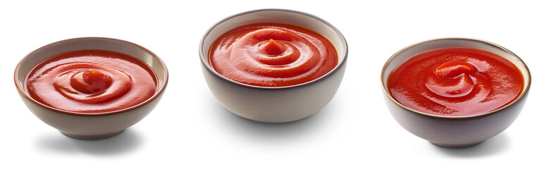 Three ceramic bowls of tomato ketchup or sauce isolated transparent background, a swirl and dollop in the center, food presentation, appetizing recipe ingredient, cut out, PNG, isometric view.