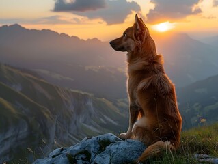 Wall Mural - A dog gazes at the sunset over mountainous terrain in a serene landscape