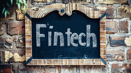 Rustic blackboard on a brick wall displays fintech in white chalk, symbolizing the blend of finance and technology with concepts like innovation and digital banking