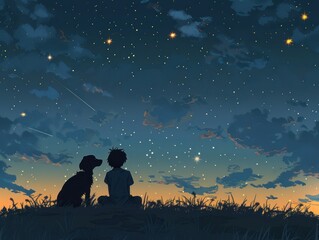 A boy and a dog are sitting on a hill and looking at a comet flying across a starry sky with clouds, shrouded in the magical glow of the night and heavenly light.