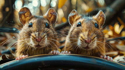 Two small brown mice are looking at the camera. They are both smiling. Scene is happy and playful