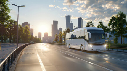 A white modern comfortable tourist bus travels through the city in bright sunlight. Travel and bus tourism concept.