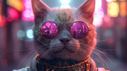 Wall Mural - A cat wearing sunglasses and a purple bandana, exuding a cool and stylish vibe. The playful accessories add a touch of personality and charm to the scene.