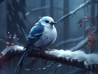 Wall Mural - A small blue bird is perched on a branch in the snow. The image has a peaceful and serene mood, as the bird is alone and undisturbed in its natural habitat