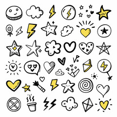 Wall Mural - a collection of various doodles featuring hearts, stars, clouds, and lightning bolts