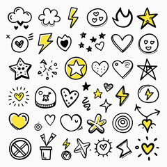Wall Mural - a collection of various doodles featuring hearts, stars, clouds, and lightning bolts