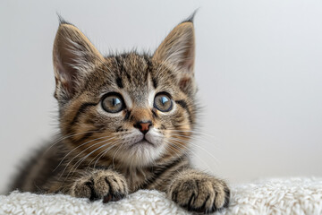 Wall Mural - A kitten with blue eyes is laying on a white background. The kitten's eyes are open and staring at the camera. Concept of curiosity and playfulness, as the kitten seems to be interested in the viewer