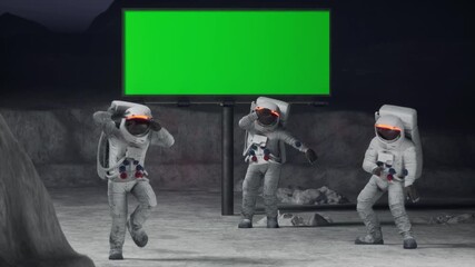 Canvas Print - Three astronauts dance happily on the moon
