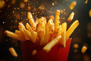 Close up shot french fries in red carton box with salt seasoning , Chips with paprika sprinkle for commercial.