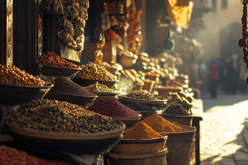 Stall of spice and herb in local market with sunshine, Classic spice vendor in groceries shop.