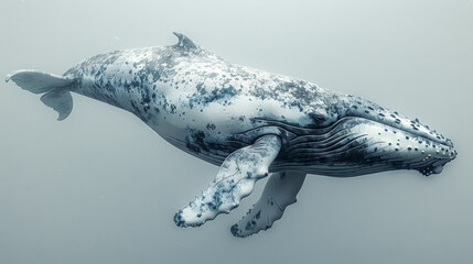 A whale is shown in a white background with a blue and white color scheme. The whale is large and has a unique pattern on its skin. Concept of awe and wonder at the beauty of nature