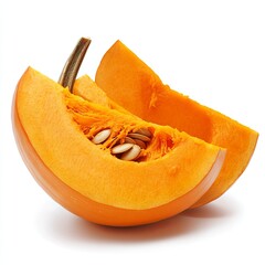 A whole pumpkin, sliced into wedges, floating with a slight twist, showing the vibrant orange flesh and seeds, isolated on a white background