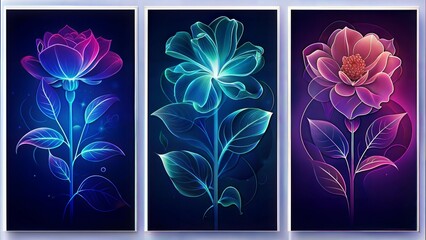 Wall Mural - set of three vertical poster , minimalist botanical floral smoky  art